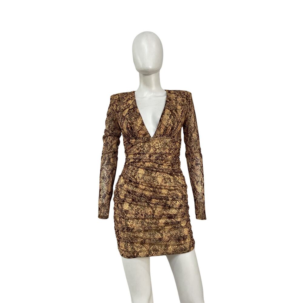 Michael Costello Beige Snake-Print Plunge Long-Sleeve Mini Dress - Picture 2 of 7